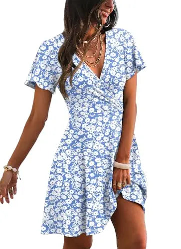 RUMIA Women's Wrap V-Neck A-Line Ruffle Sleeve Casual Sundress