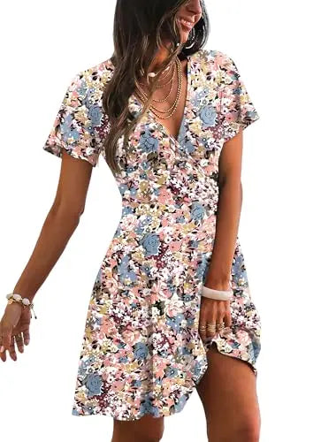 RUMIA Women's Wrap V-Neck A-Line Ruffle Sleeve Casual Sundress
