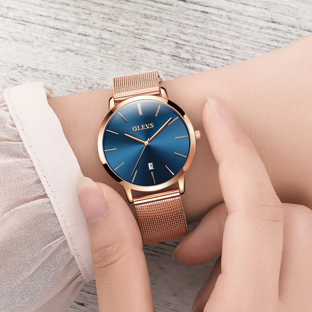 OLEVS Women's Rose Gold Quartz Watch — Luxury Stainless Steel Bracelet Gift Set