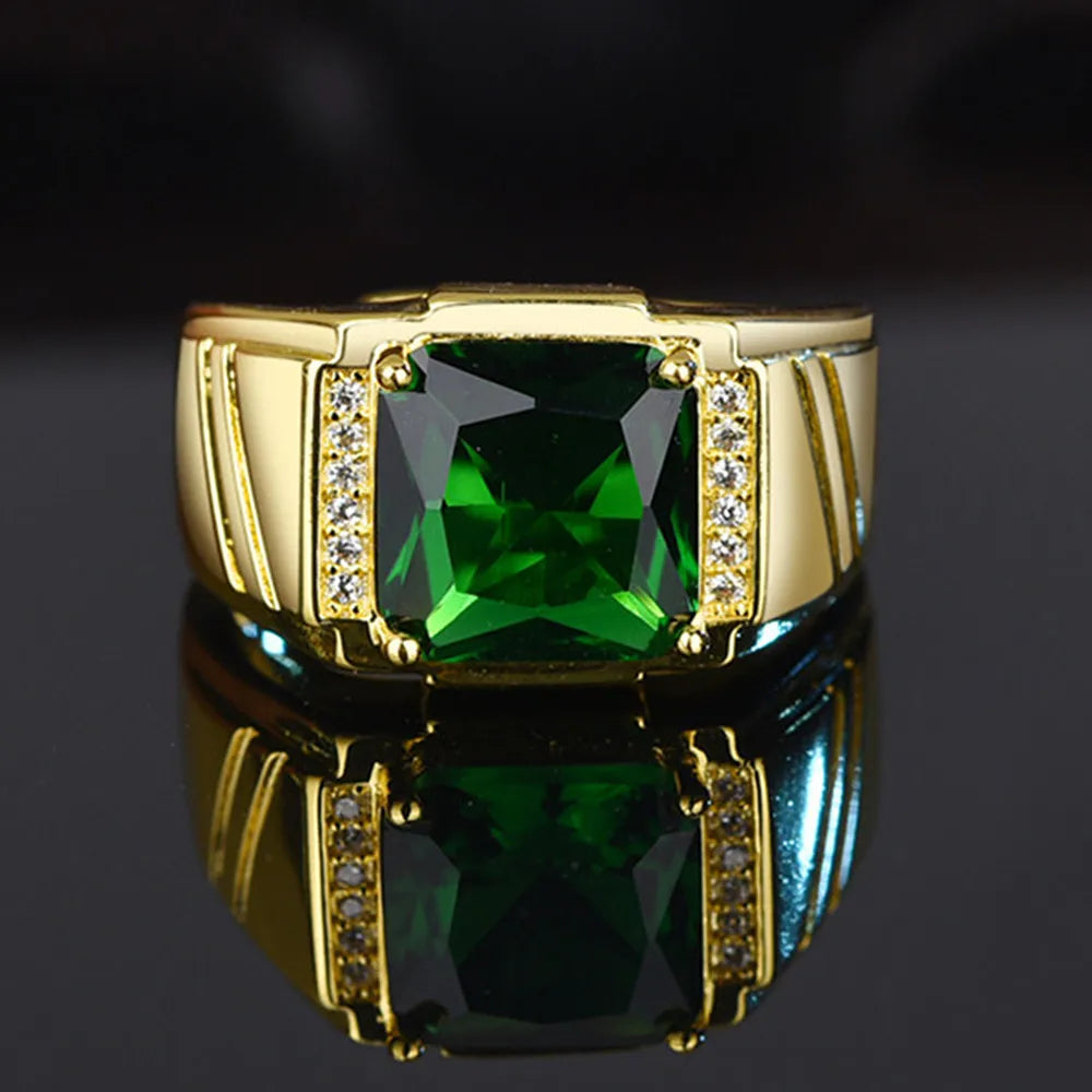 Men's 18K Gold Filled Emerald Crystal Open Ring — AAA Zircon Diamond Luxury Finger Band (Sizes 6–13)