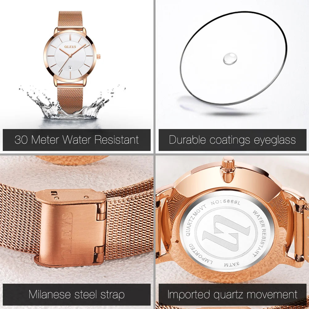 OLEVS Women's Rose Gold Quartz Watch — Luxury Stainless Steel Bracelet Gift Set