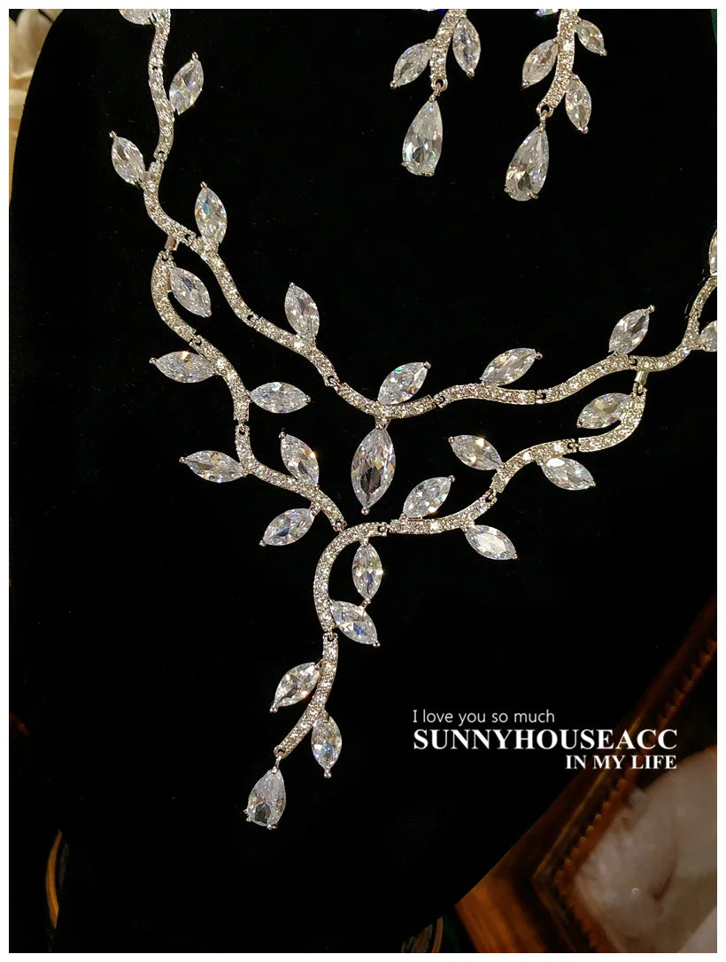 Women's S925 Sterling Silver Floral Jewellery Set — Cubic Zirconia Necklace & Earrings for Wedding