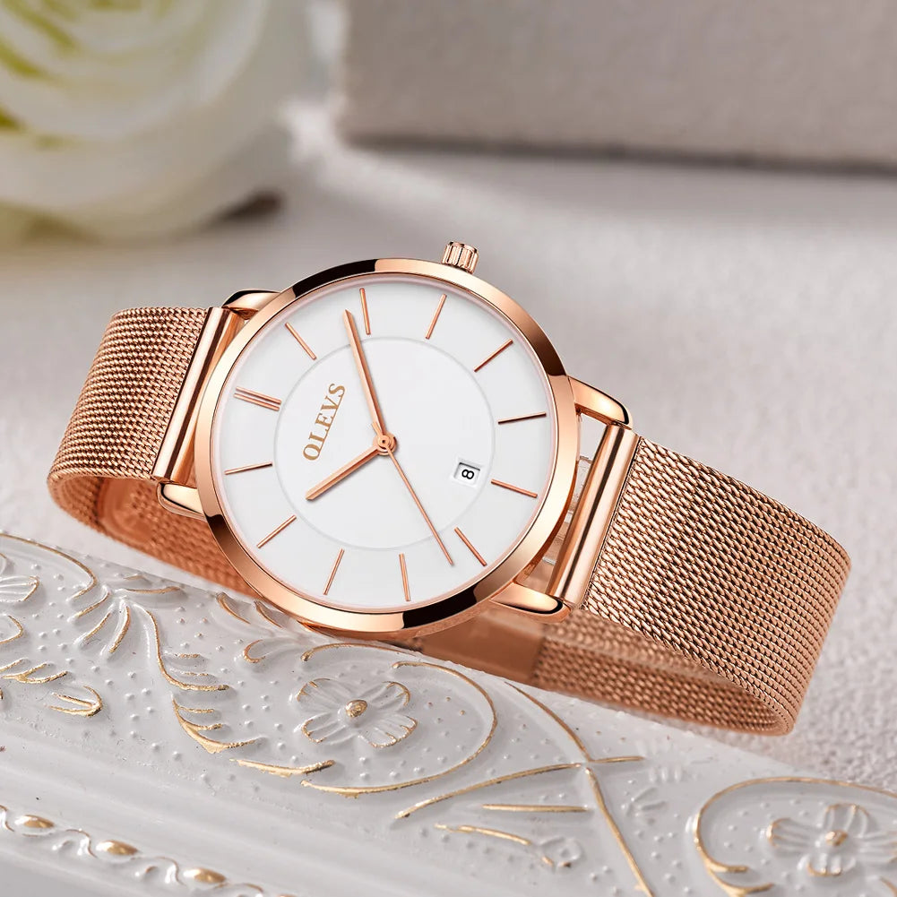 OLEVS Women's Rose Gold Quartz Watch — Luxury Stainless Steel Bracelet Gift Set