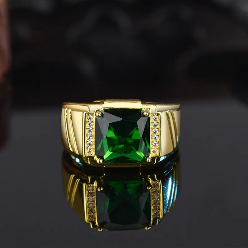 Men's 18K Gold Filled Emerald Crystal Open Ring — AAA Zircon Diamond Luxury Finger Band (Sizes 6–13)