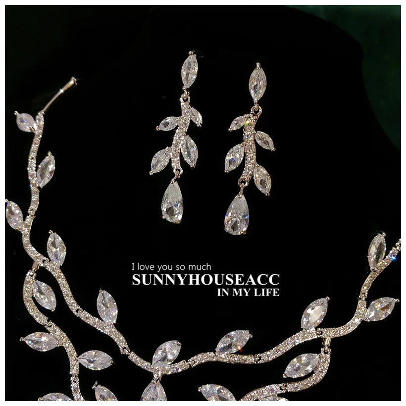 Women's S925 Sterling Silver Floral Jewellery Set — Cubic Zirconia Necklace & Earrings for Wedding
