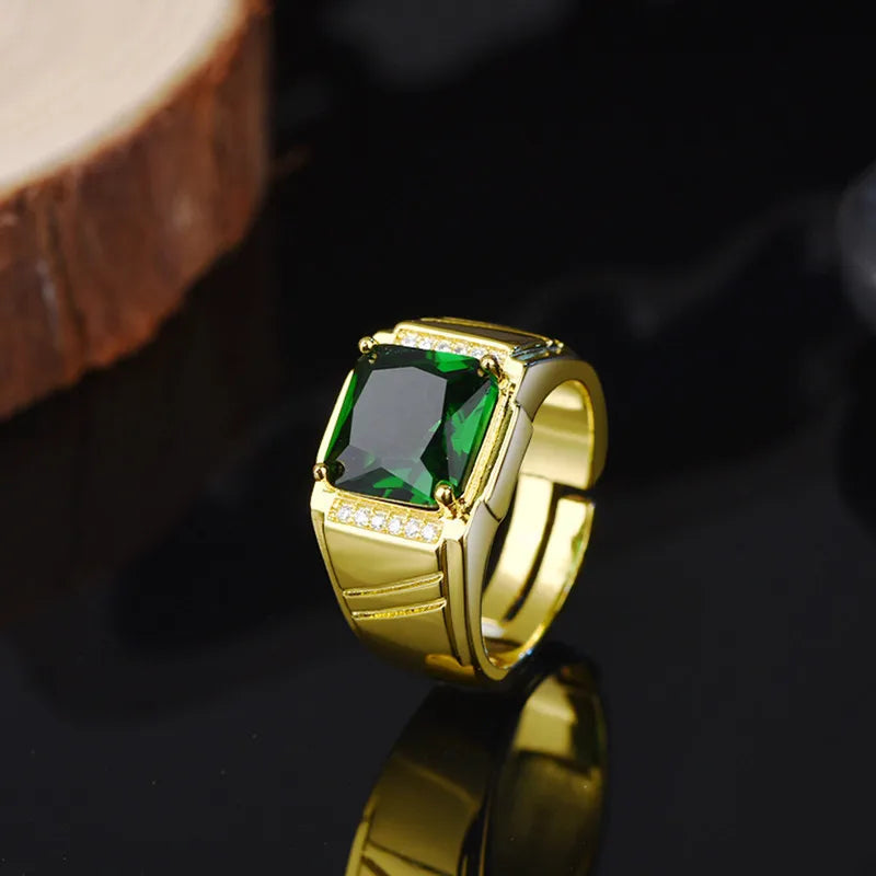 Men's 18K Gold Filled Emerald Crystal Open Ring — AAA Zircon Diamond Luxury Finger Band (Sizes 6–13)