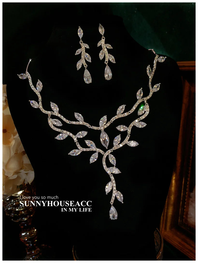 Women's S925 Sterling Silver Floral Jewellery Set — Cubic Zirconia Necklace & Earrings for Wedding