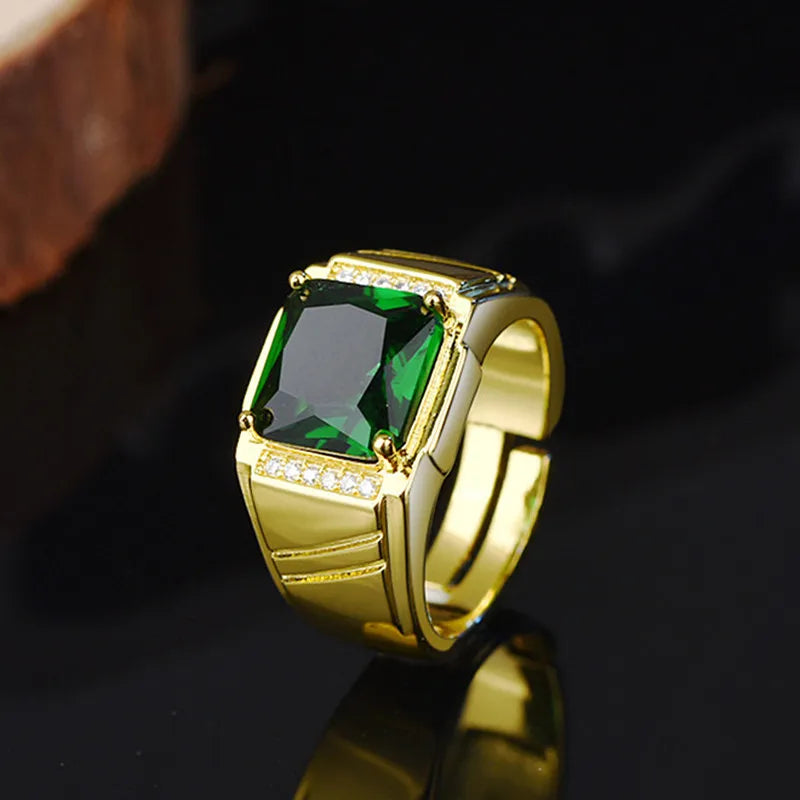 Men's 18K Gold Filled Emerald Crystal Open Ring — AAA Zircon Diamond Luxury Finger Band (Sizes 6–13)