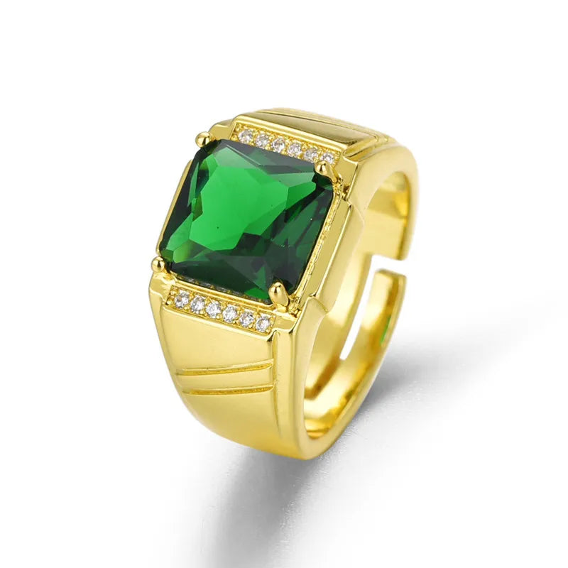 Men's 18K Gold Filled Emerald Crystal Open Ring — AAA Zircon Diamond Luxury Finger Band (Sizes 6–13)