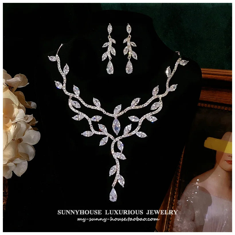 Women's S925 Sterling Silver Floral Jewellery Set — Cubic Zirconia Necklace & Earrings for Wedding