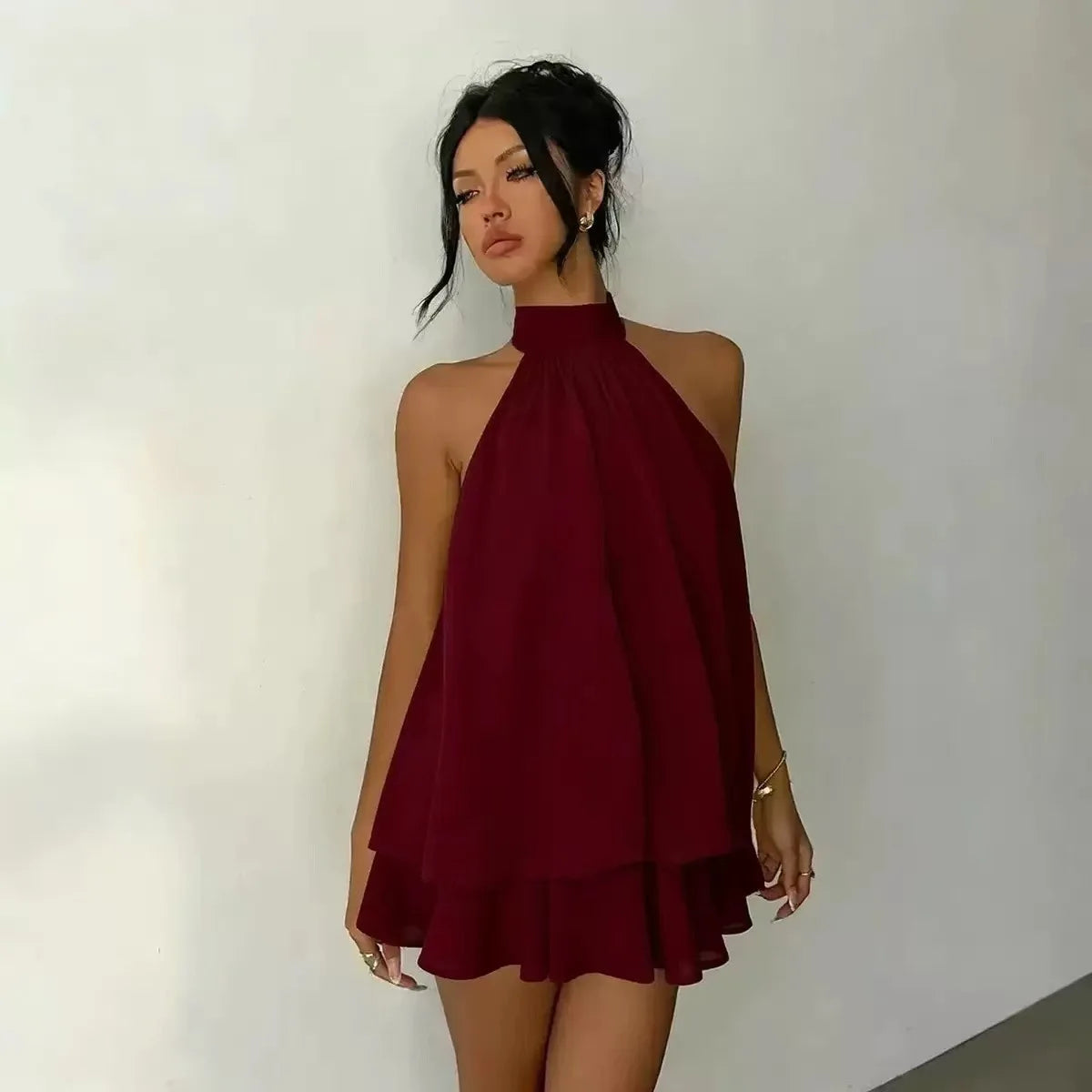 Women's Polyester Backless Slim-Fit A-Line Beach Dress