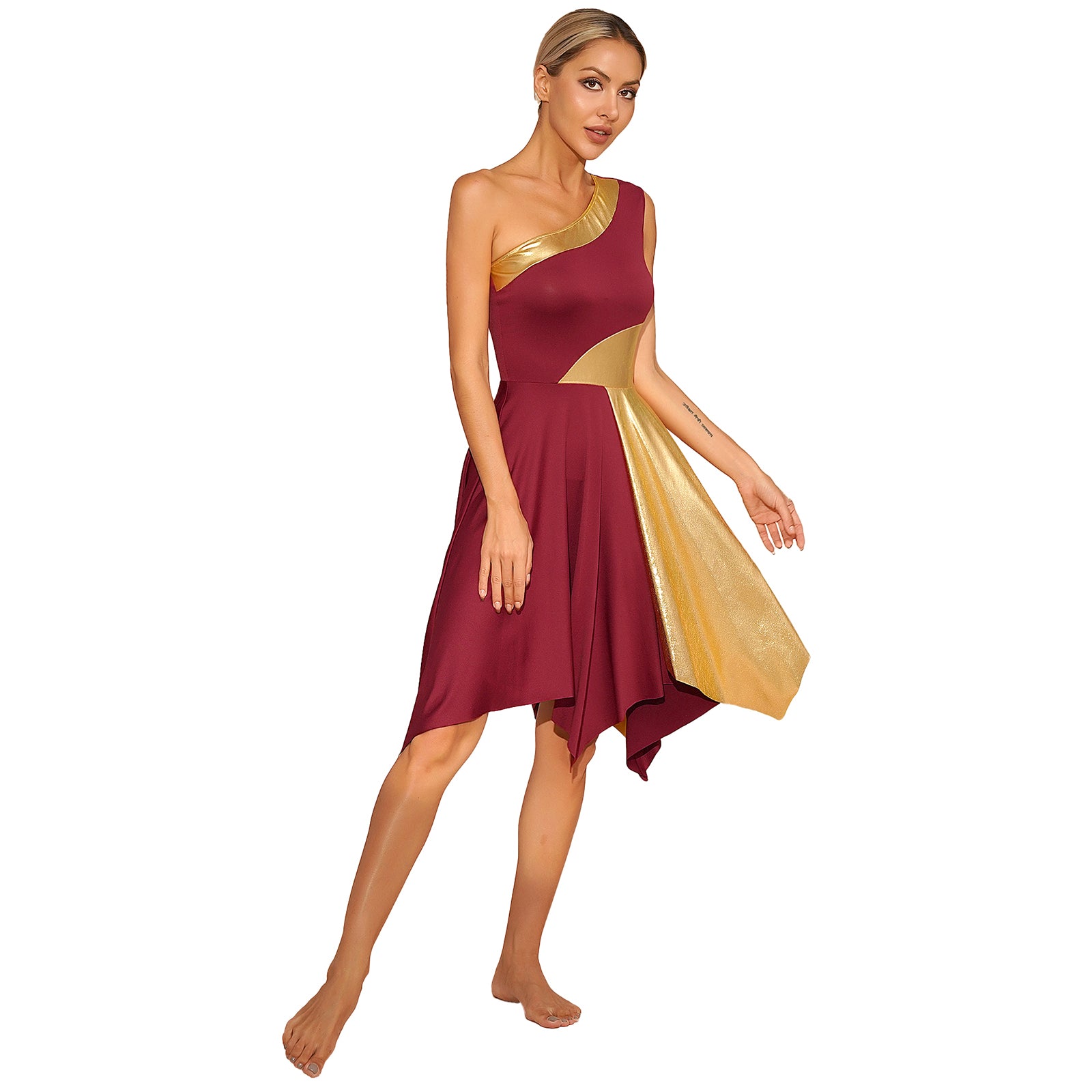 Women's Polyester-Spandex One-Shoulder Metallic Lyrical Dance Worship Dress