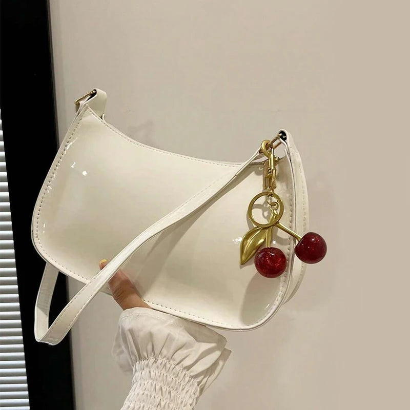 Women's PU Leather Shoulder Bag — Solid Colour Cherry Pendant Casual Underarm Bag