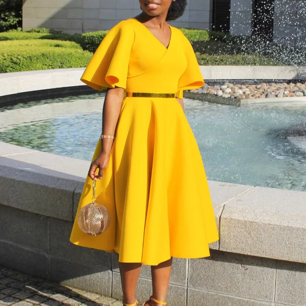 Women's V-Neck Flare Sleeve High Waist Pleated A-Line Dress
