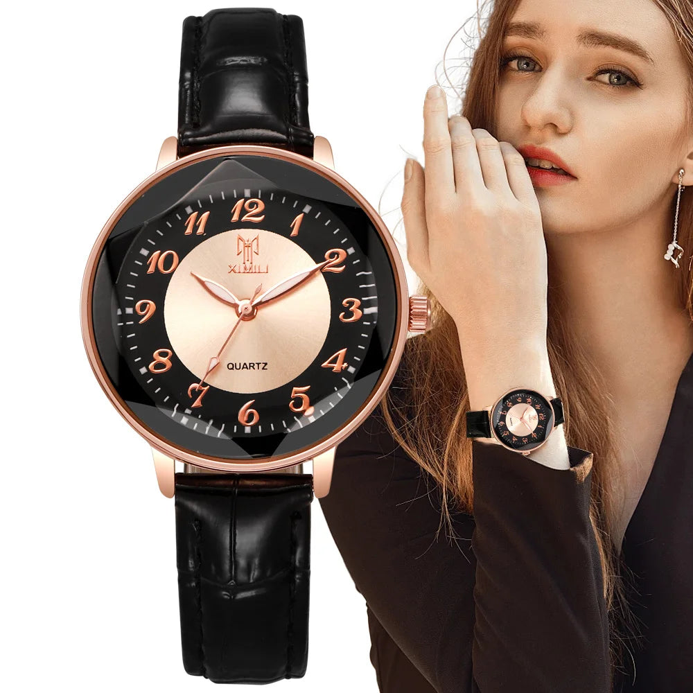 Women's Simple Casual Leather Quartz Watch — Arabic Numeral Business Wristwatch