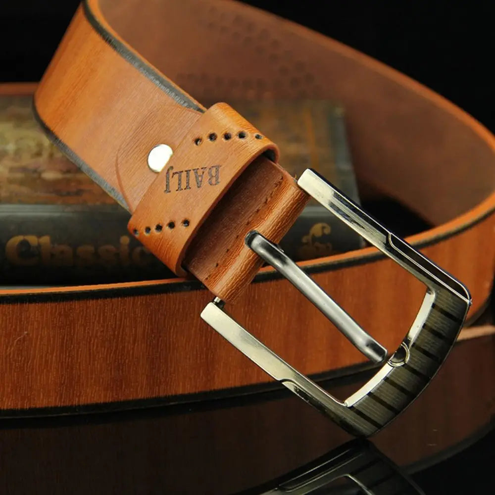 Men's Luxury Letter Print PU Leather Belt — Classic Buckle Cowboy Vintage Waistband (110 cm)