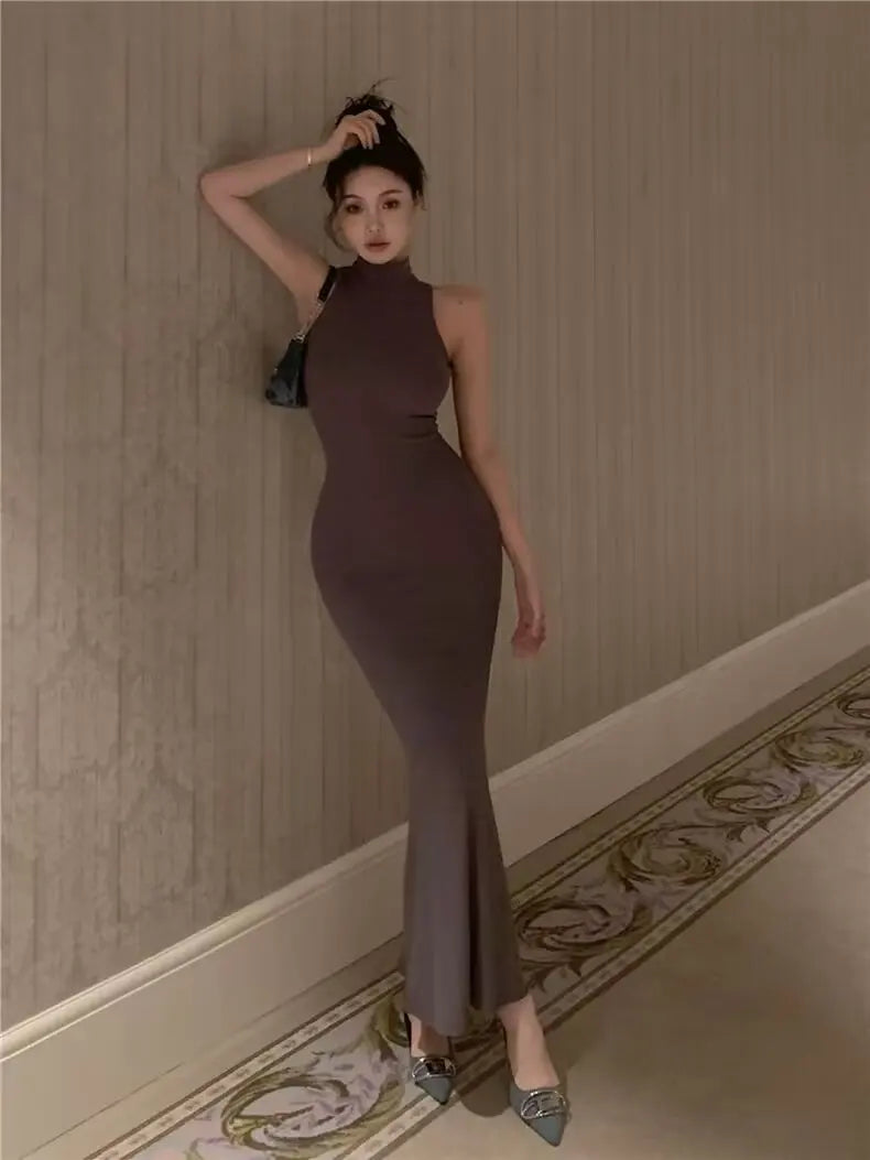 Women's Turtleneck Knit Bodycon Ankle-Length Maxi Dress