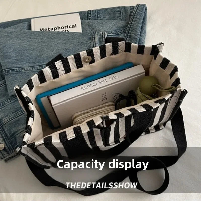 Women's Large Capacity Striped Canvas Shoulder Bag — Versatile Commuter & Travel Tote