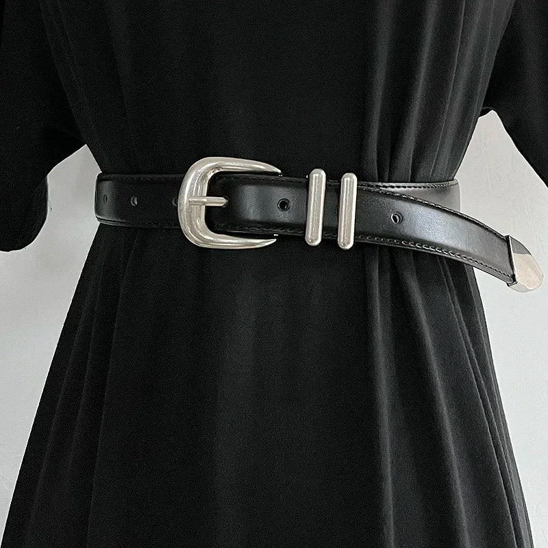 Women's Real Leather Jeans Belt — Metal Buckle Casual Waistband (104 cm)