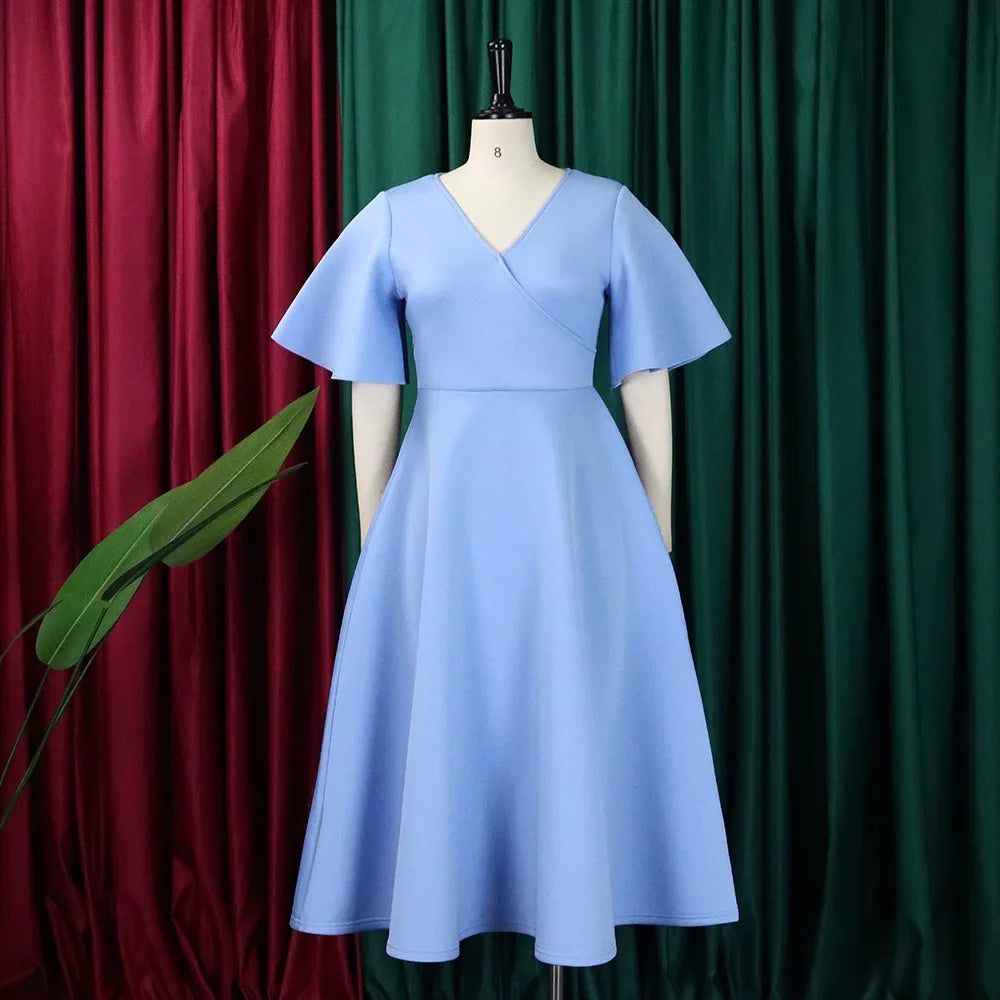 Women's V-Neck Flare Sleeve High Waist Pleated A-Line Dress