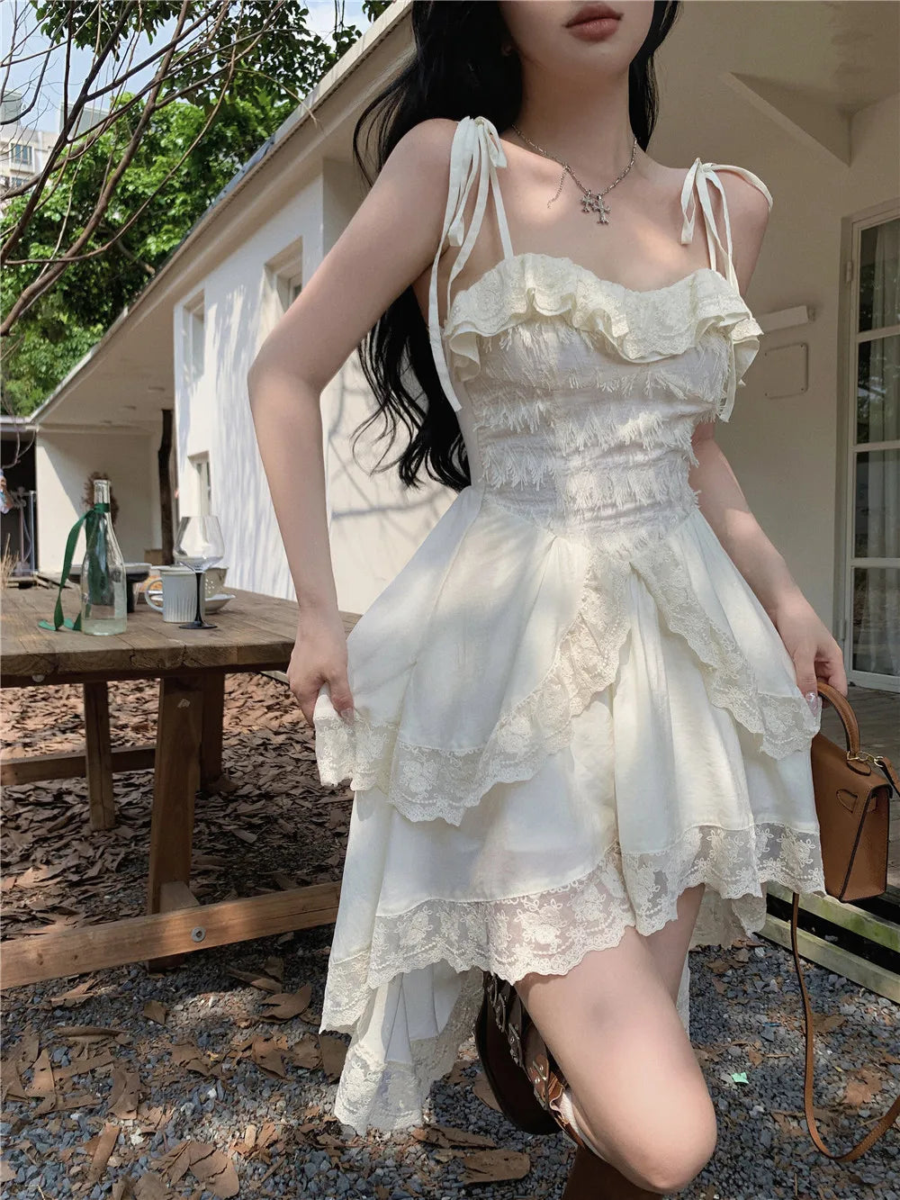Women's Lace Ruffle Slash-Neck Sling Midi Dress
