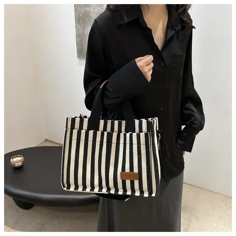 Women's Large Capacity Striped Canvas Shoulder Bag — Versatile Commuter & Travel Tote