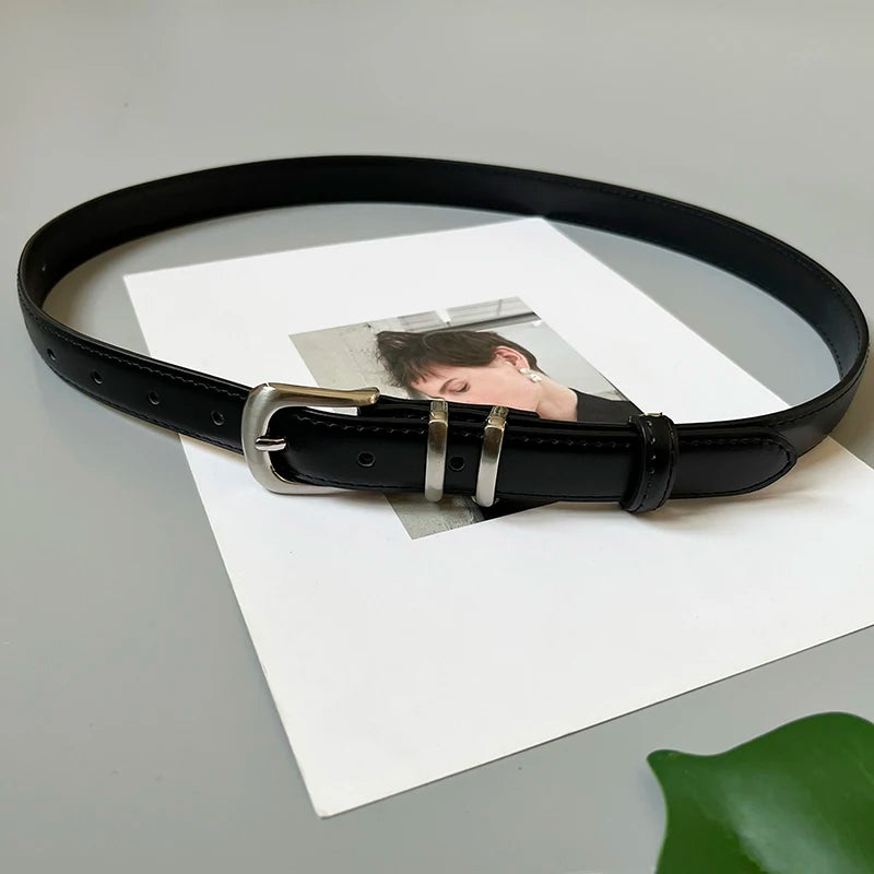 Women's Real Leather Jeans Belt — Metal Buckle Casual Waistband (104 cm)