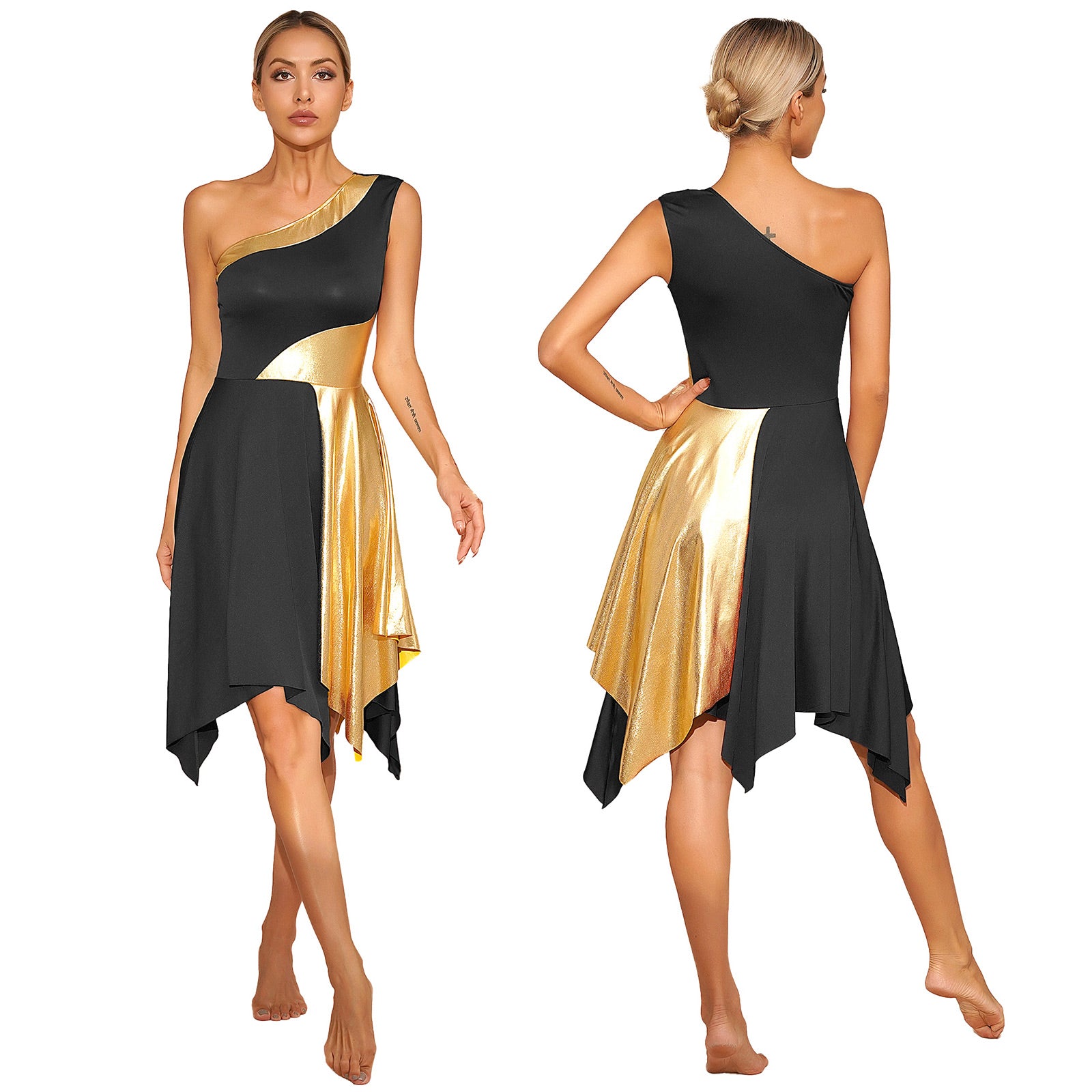 Women's Polyester-Spandex One-Shoulder Metallic Lyrical Dance Worship Dress