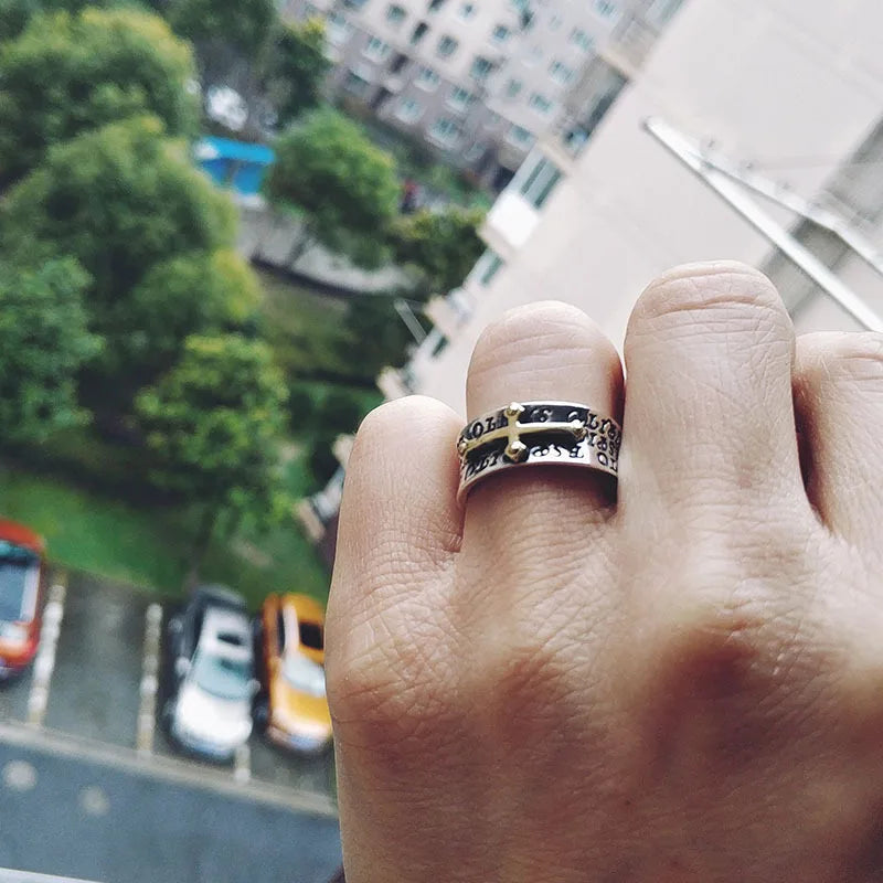 Men's Retro Two-Tone Cross Ring — Adjustable Copper Silver Plated Luxury Statement Ring