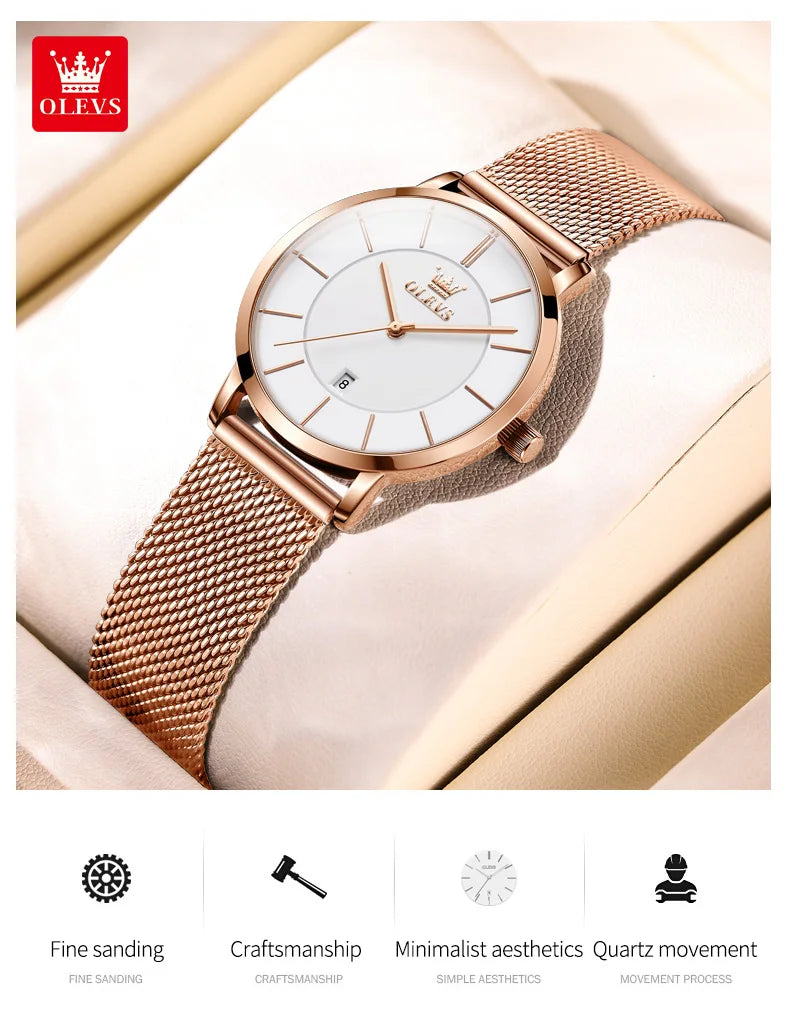 OLEVS Women's Rose Gold Quartz Watch — Luxury Stainless Steel Bracelet Gift Set