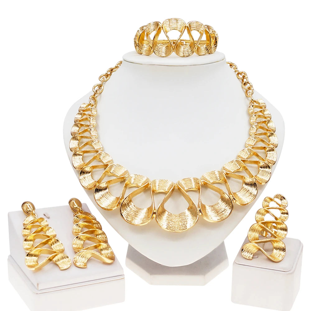 Women's Gold Plated Wavy Pendant Necklace & Earrings Set — Delicate Wedding & Holiday Jewellery