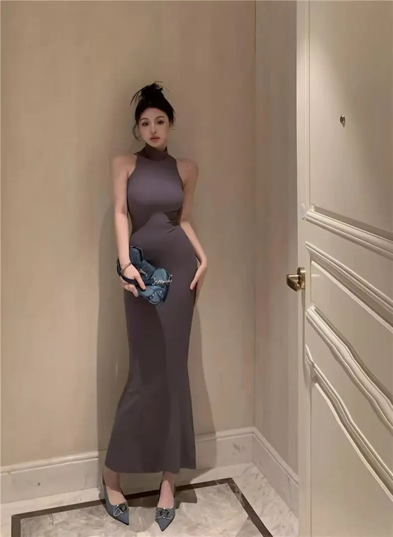 Women's Turtleneck Knit Bodycon Ankle-Length Maxi Dress
