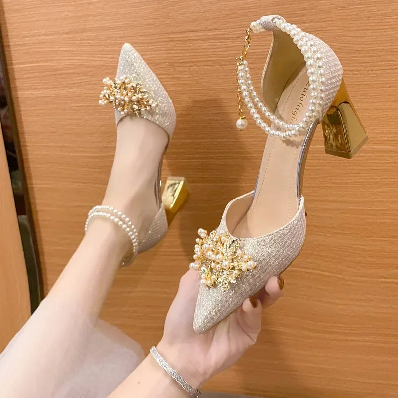 Women's Pointed Toe Metal Beaded High Heel Wedding Banquet Pumps