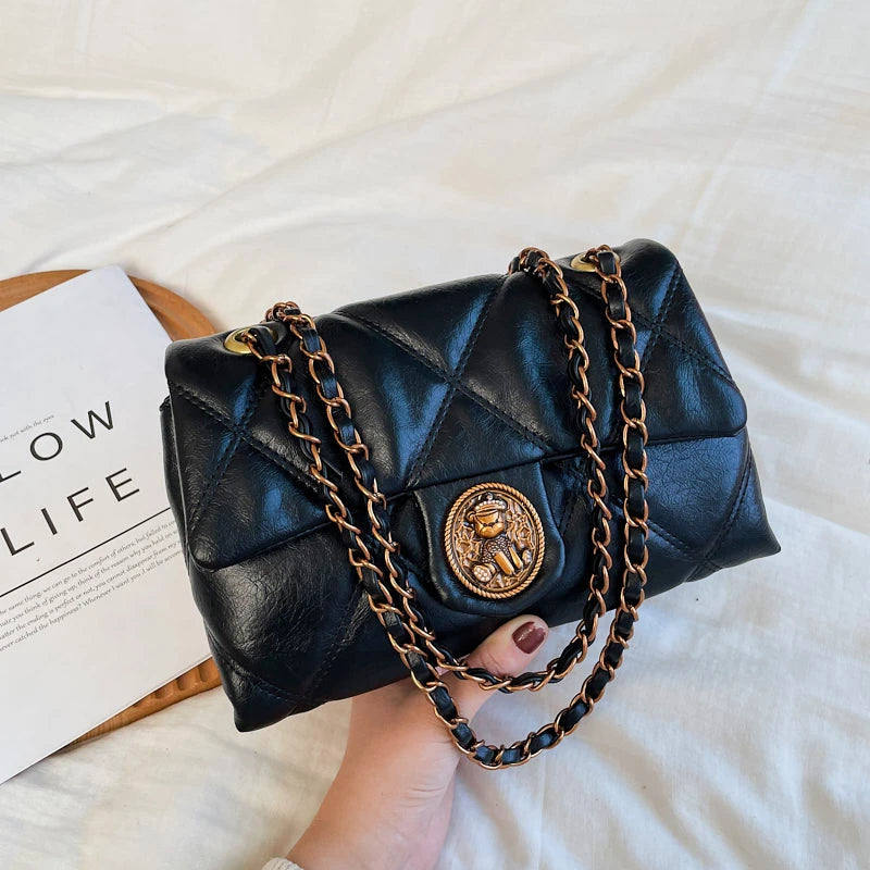 Women's Luxury Lingge Pattern PU Leather Crossbody Bag — Designer Underarm Shoulder Handbag