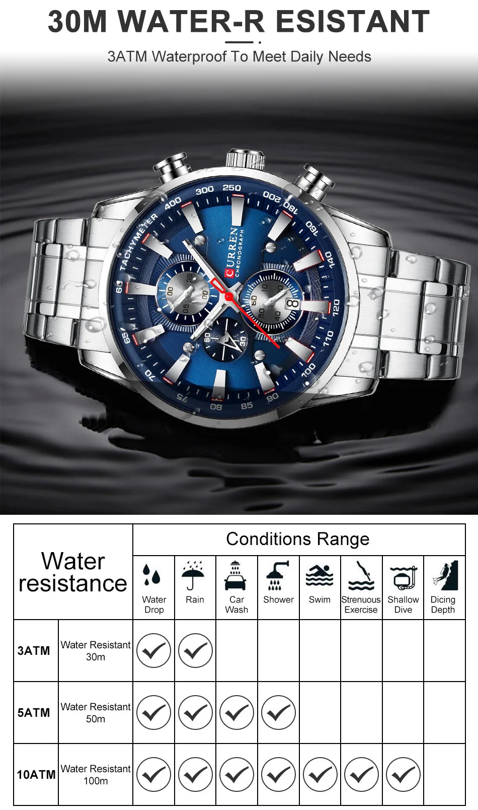 CURREN Men's Sport Chronograph Quartz Watch — Waterproof Stainless Steel