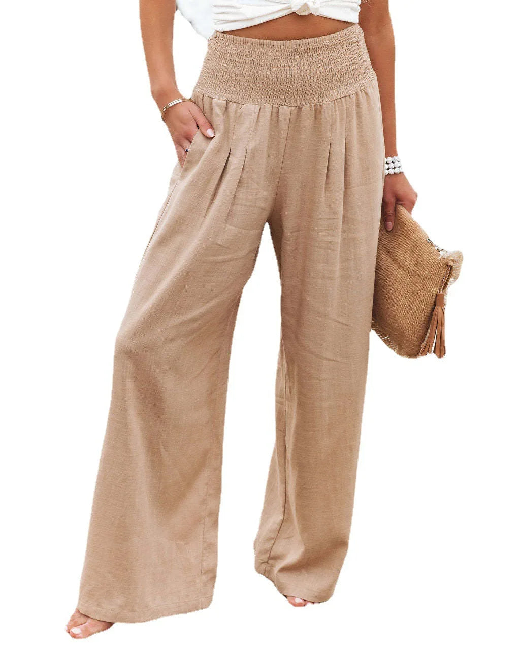 TrendLux Women's Linen Cotton Casual Trousers – Elastic Waist Wide Leg Pants
