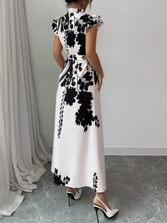 TrenLux Wear Women's Polyester Black & White Patchwork Sash Ball Gown Dress The Glow Sanctuary