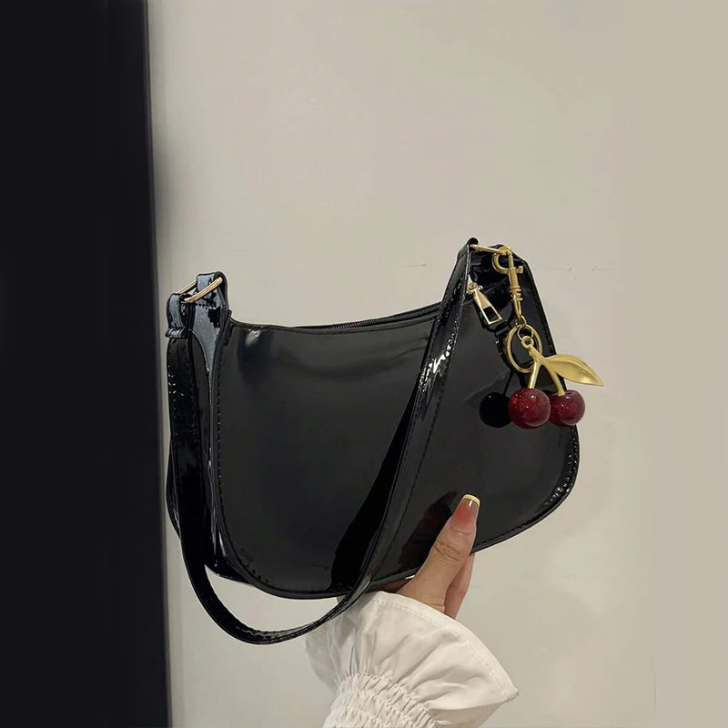 Women's PU Leather Shoulder Bag — Solid Colour Cherry Pendant Casual Underarm Bag