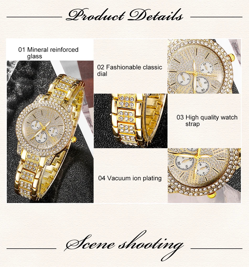 Women's Rhinestone Quartz Watch & Jewellery Set — Ring, Necklace & Earrings Luxury Gift