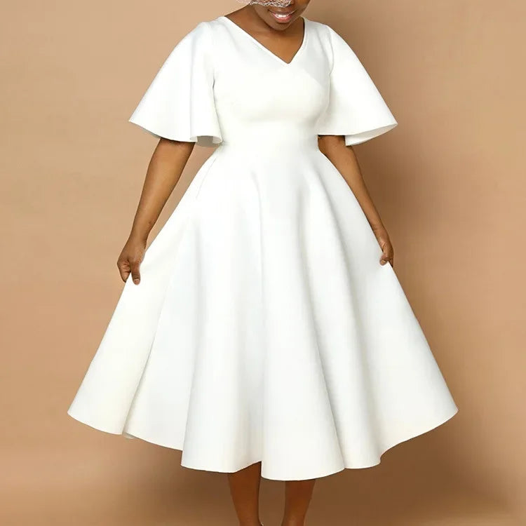Women's V-Neck Flare Sleeve High Waist Pleated A-Line Dress