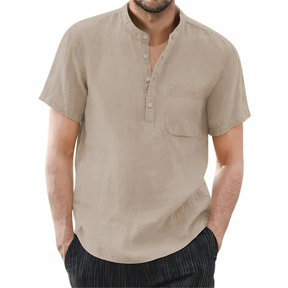 Men's Cotton Linen Short Sleeve Shirt — Breathable Casual Summer Top
