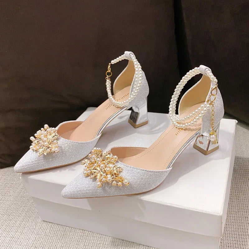 Women's Pointed Toe Metal Beaded High Heel Wedding Banquet Pumps
