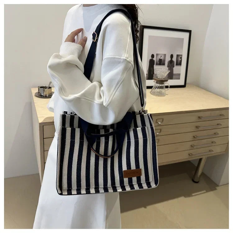 Women's Large Capacity Striped Canvas Shoulder Bag — Versatile Commuter & Travel Tote