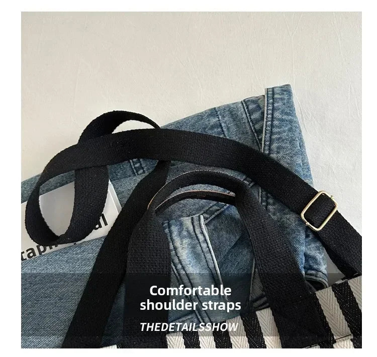 Women's Large Capacity Striped Canvas Shoulder Bag — Versatile Commuter & Travel Tote