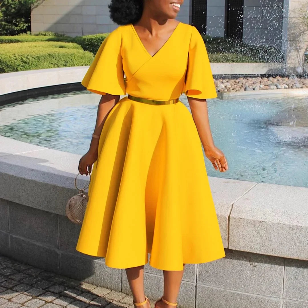 Women's V-Neck Flare Sleeve High Waist Pleated A-Line Dress
