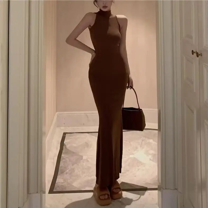 Women's Turtleneck Knit Bodycon Ankle-Length Maxi Dress