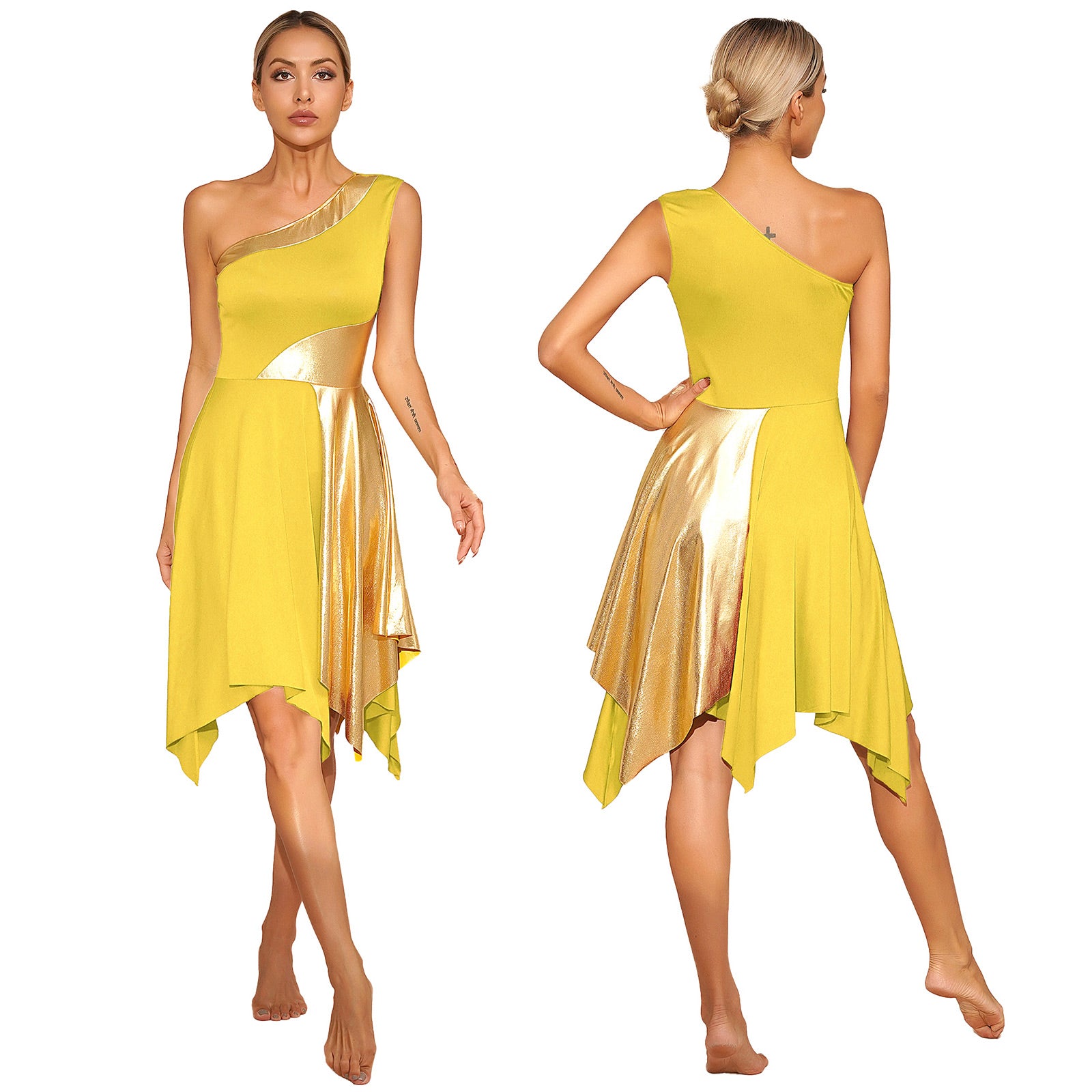 Women's Polyester-Spandex One-Shoulder Metallic Lyrical Dance Worship Dress