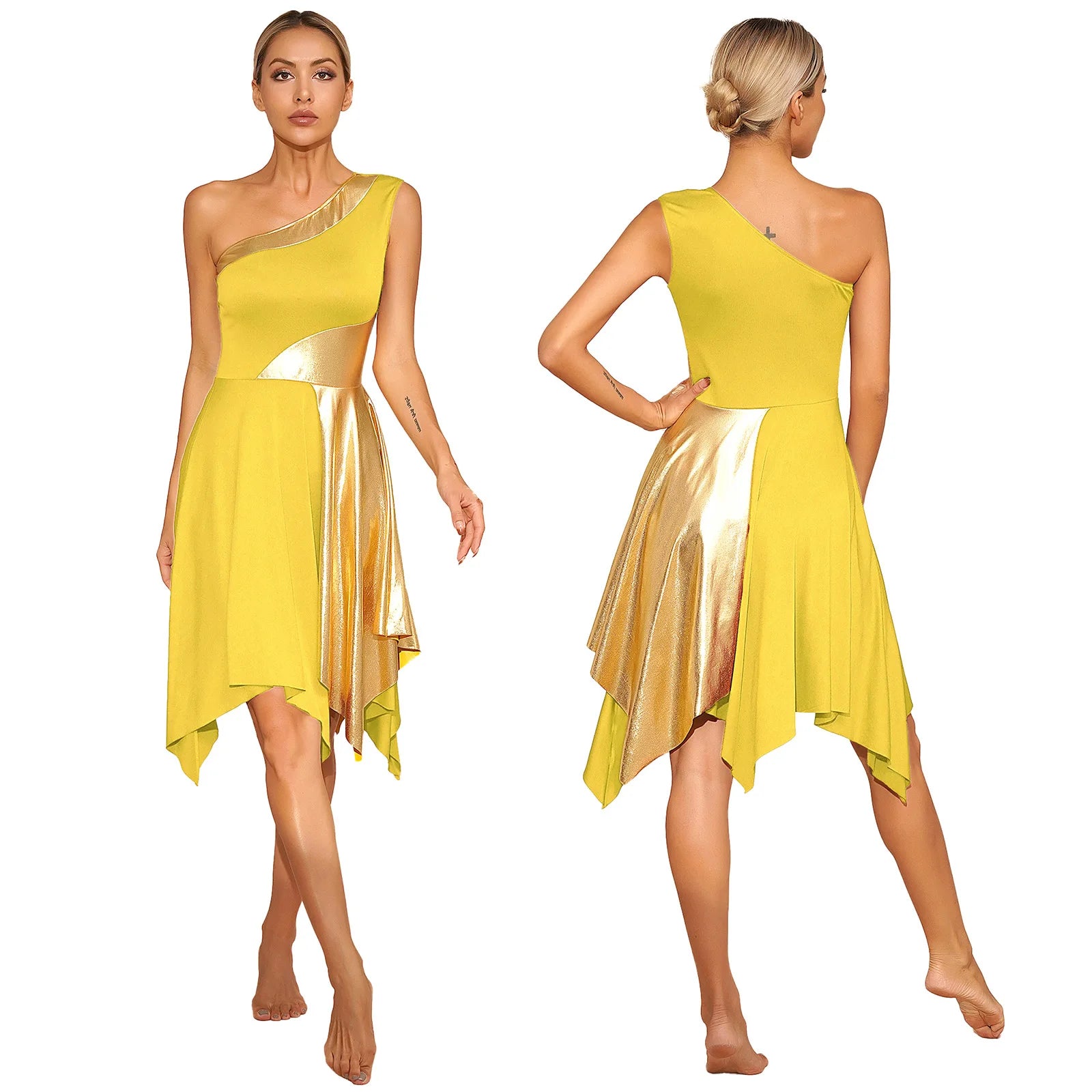 Women's Polyester-Spandex One-Shoulder Metallic Lyrical Dance Worship Dress