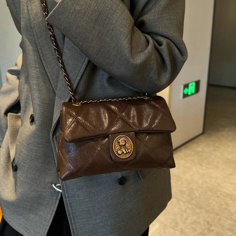 Women's Luxury Lingge Pattern PU Leather Crossbody Bag — Designer Underarm Shoulder Handbag
