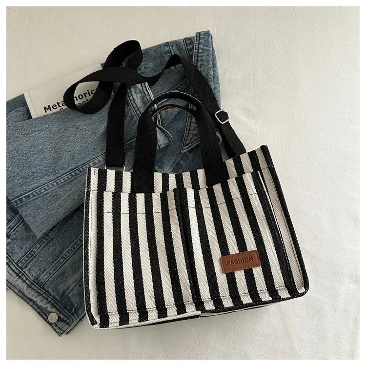 Women's Large Capacity Striped Canvas Shoulder Bag — Versatile Commuter & Travel Tote